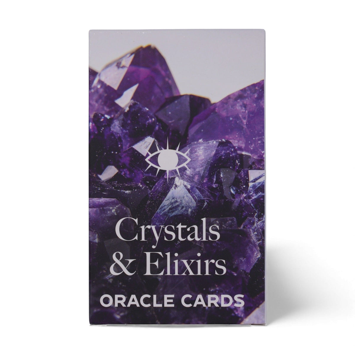 Crystals & Elixirs Oracle Deck fanned out showing colourful gemstone illustrations & elixir messages, box with radiant crystal design