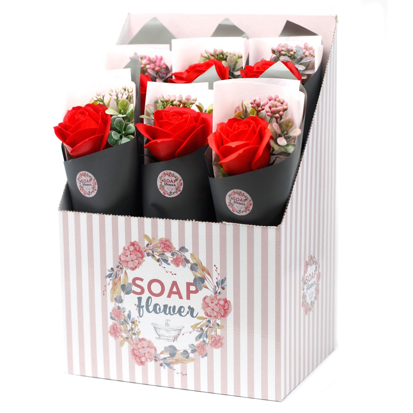 Box of soap flowers with red roses and small plants, branded 'Soap Flower'.