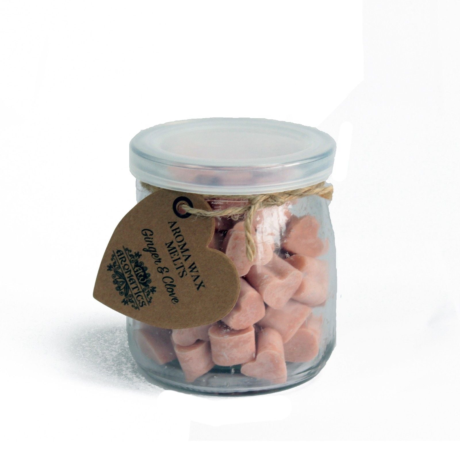 Glass jar of Ginger & Clove Aroma Wax Melts with heart-shaped soy wax pieces