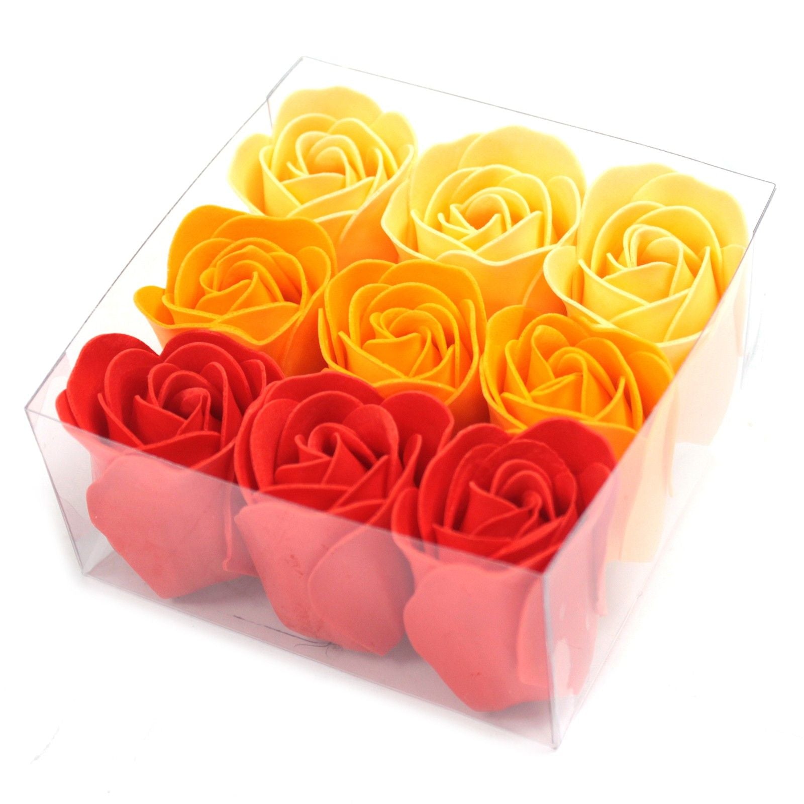 Set of 9 luxury orange rose soap flowers with realistic petal details, artistically arranged in elegant gift packaging, ready for bath use or decorative display