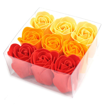 Set of 9 luxury orange rose soap flowers with realistic petal details, artistically arranged in elegant gift packaging, ready for bath use or decorative display