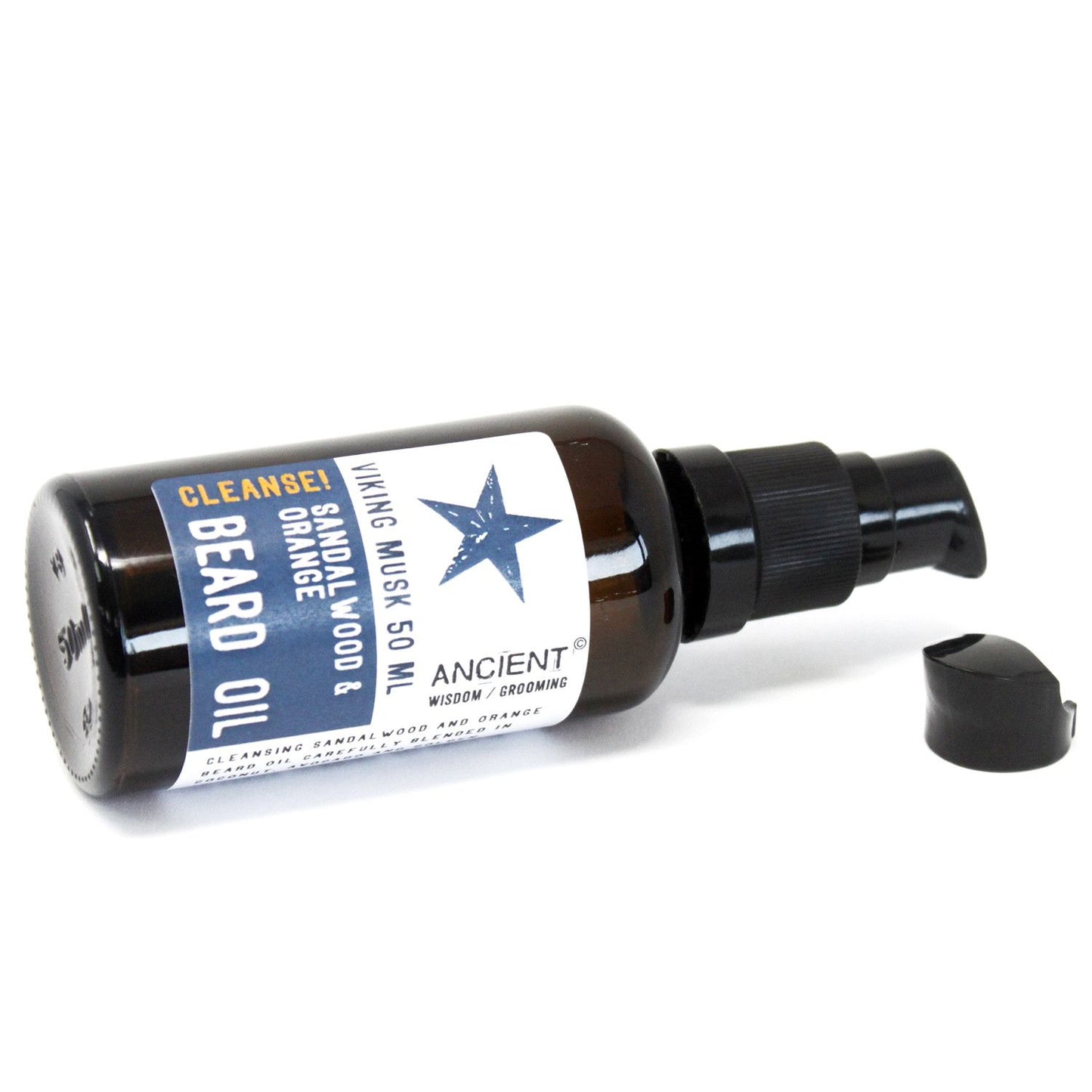 50ml amber glass bottle of Viking Musk Beard Oil with elegant dropper