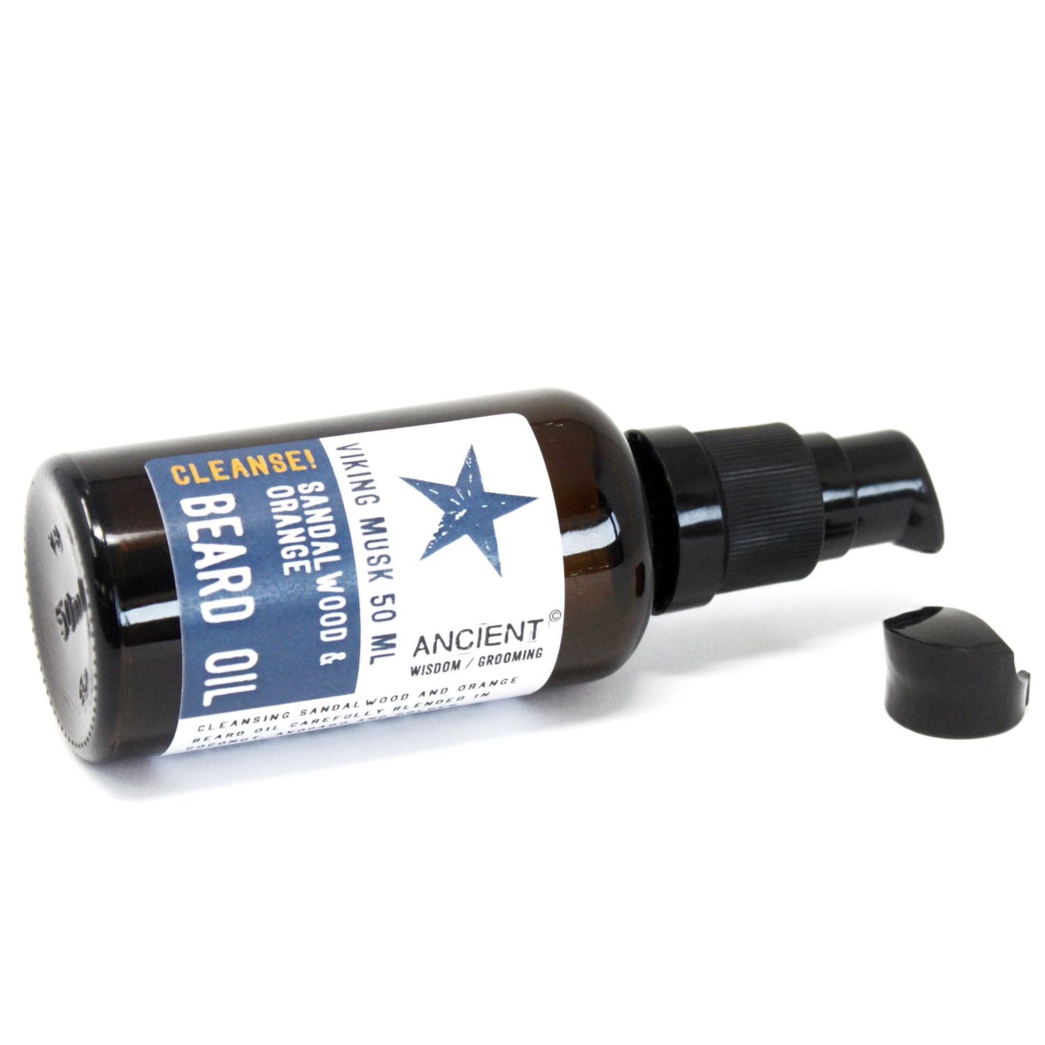 50ml amber glass bottle of Viking Musk Beard Oil with elegant dropper