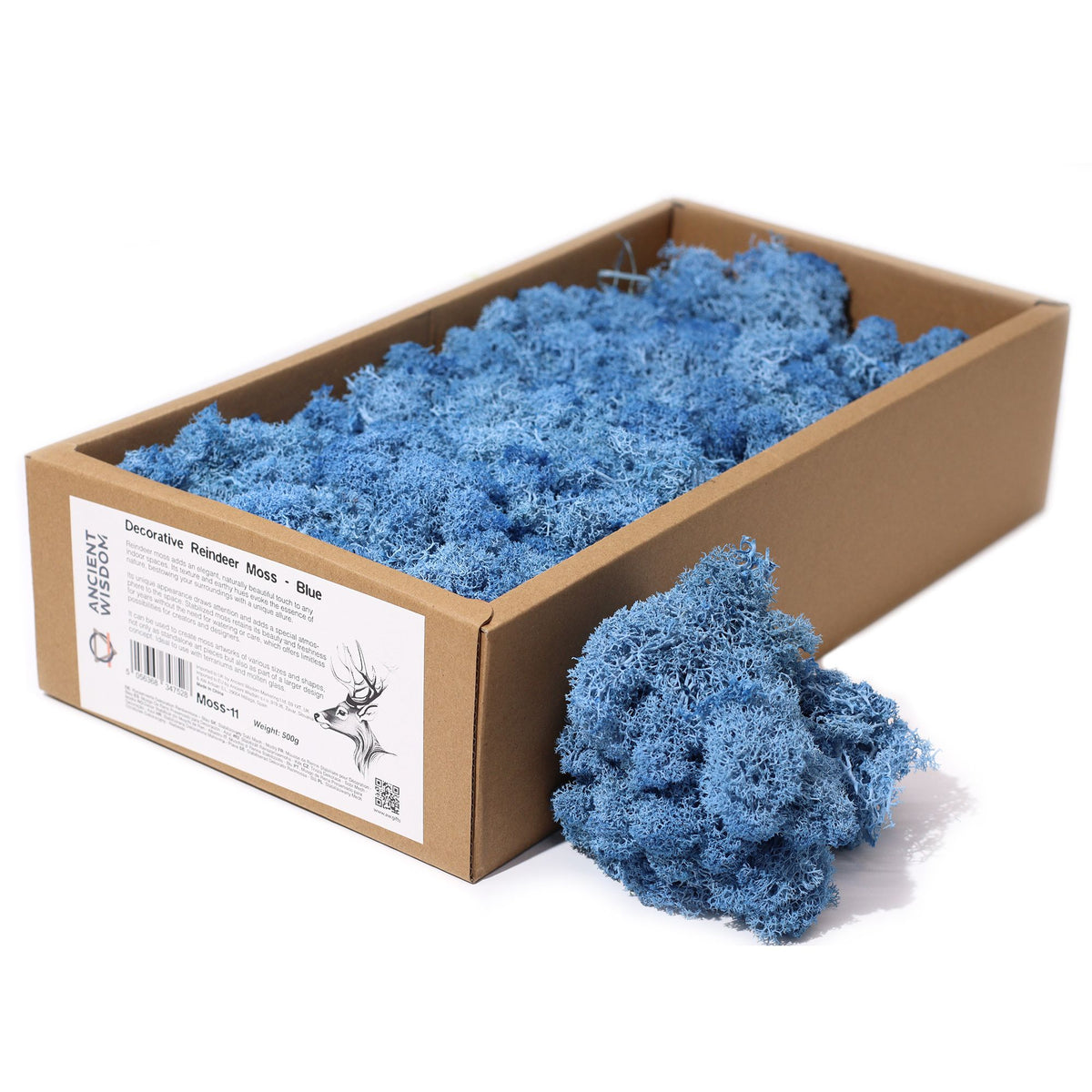 Box of blue decorative reindeer moss with a piece outside on a white background