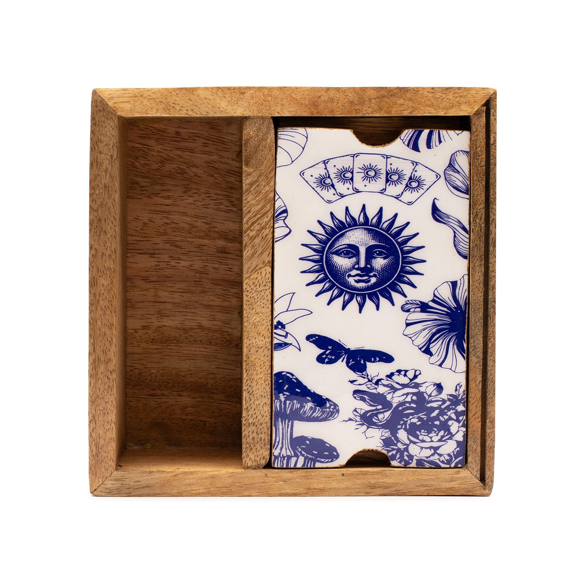 Two Section Tarot Box with Card Holder featuring ceramic triple moon symbol on lid, open to show storage compartments and upright card display slot