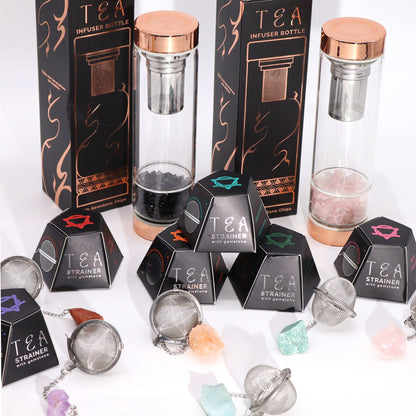 Tea infuser bottles and strainers with packaging on a white background