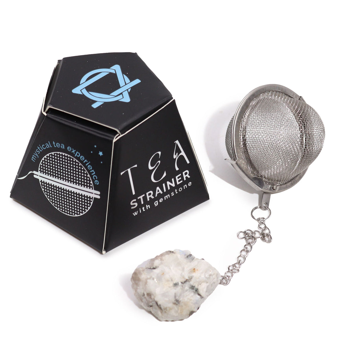 Tea strainer with gemstone and packaging on a white background
