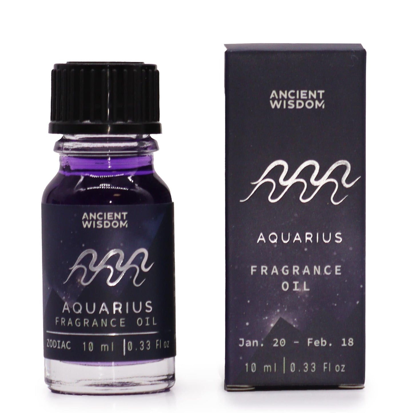 Aquarius fragrance oil bottle and packaging on a white background