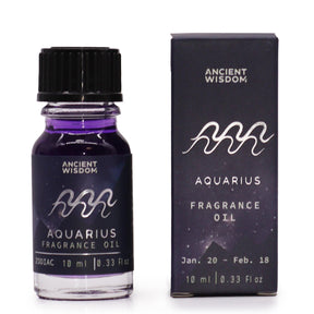 Aquarius fragrance oil bottle and packaging on a white background