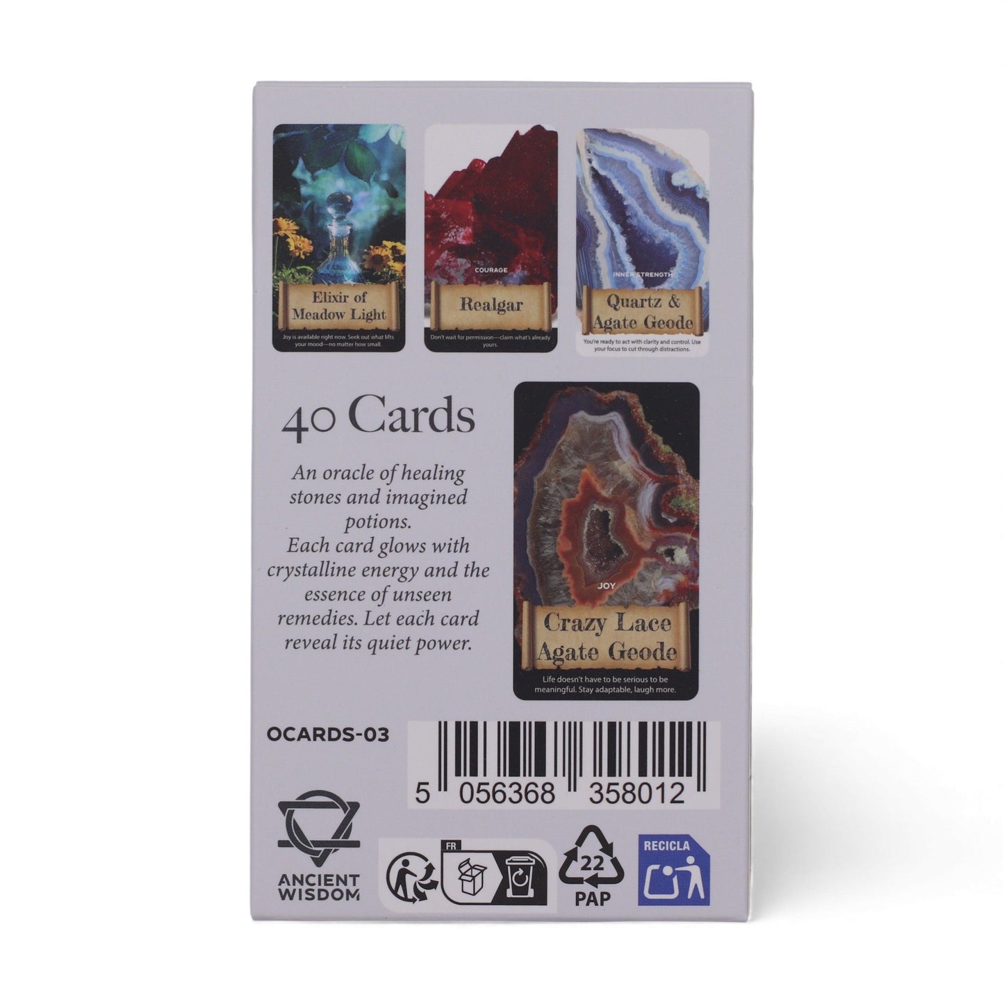 Crystals & Elixirs Oracle Deck fanned out showing colourful gemstone illustrations & elixir messages, box with radiant crystal design