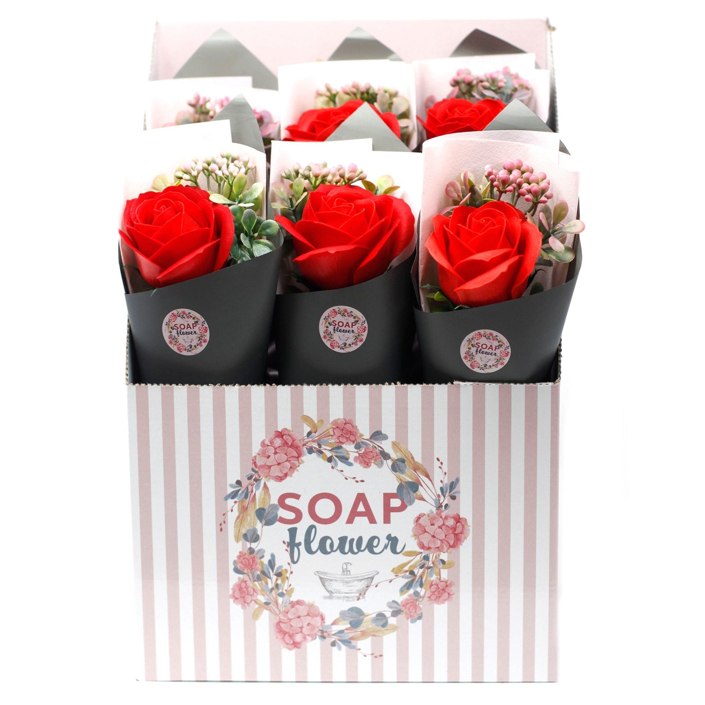 Soap flower packaging with red roses and a striped box labeled 'Soap Flower'.