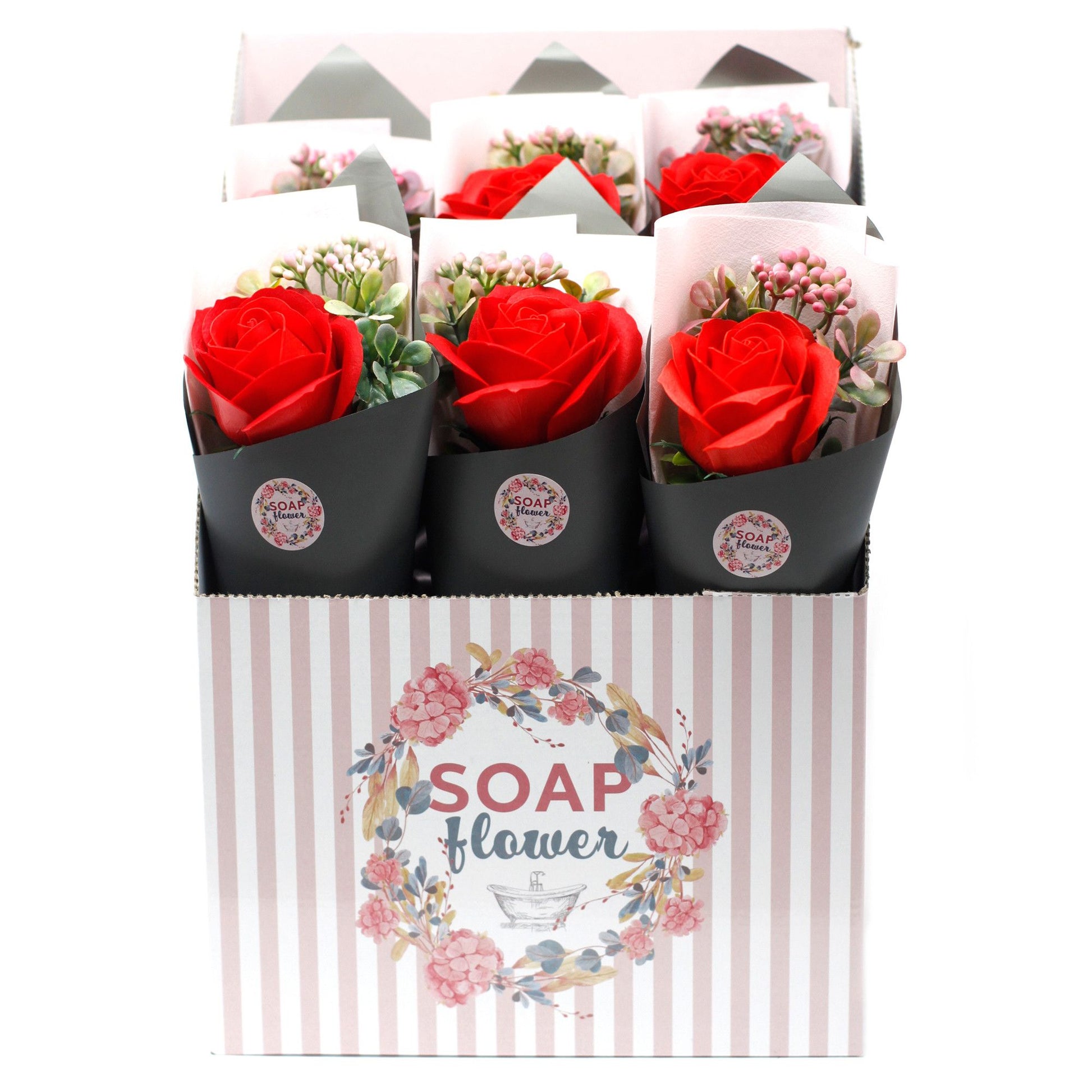 Soap flower packaging with red roses and a striped box labeled 'Soap Flower'.