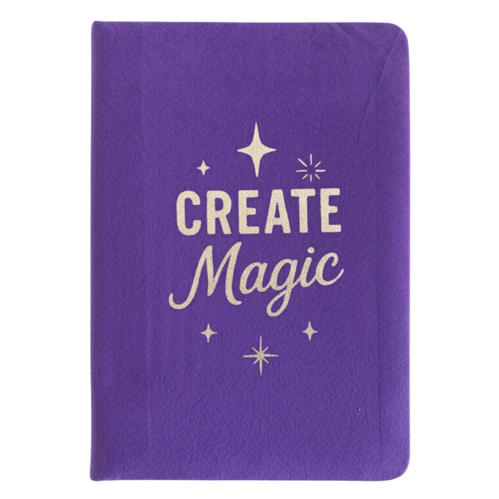 Deep purple velvet notebook with rose-gold “Create Magic” foil embossing