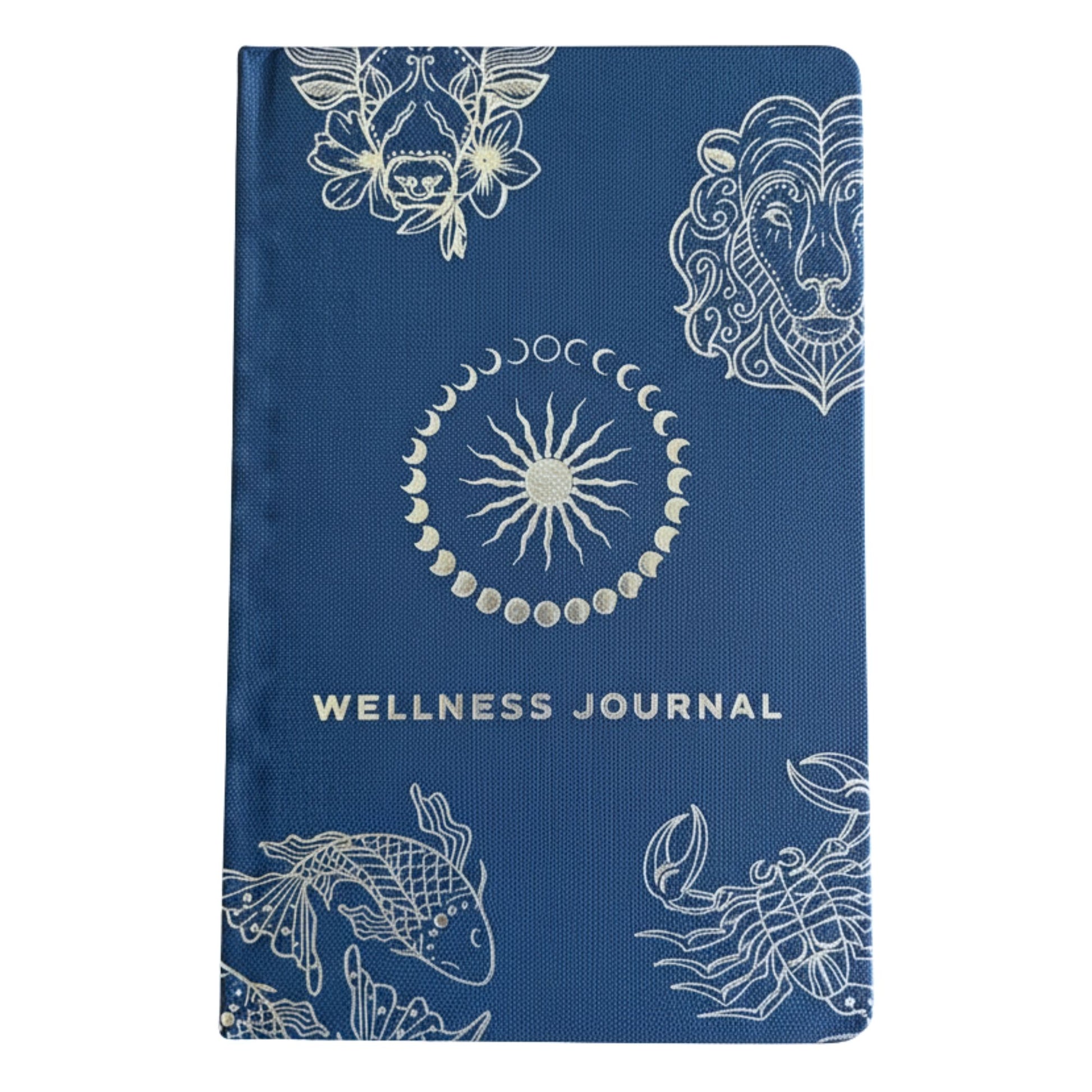 Deep midnight blue wellness journal with silver foil zodiac constellations, open to colourful mood wheel page