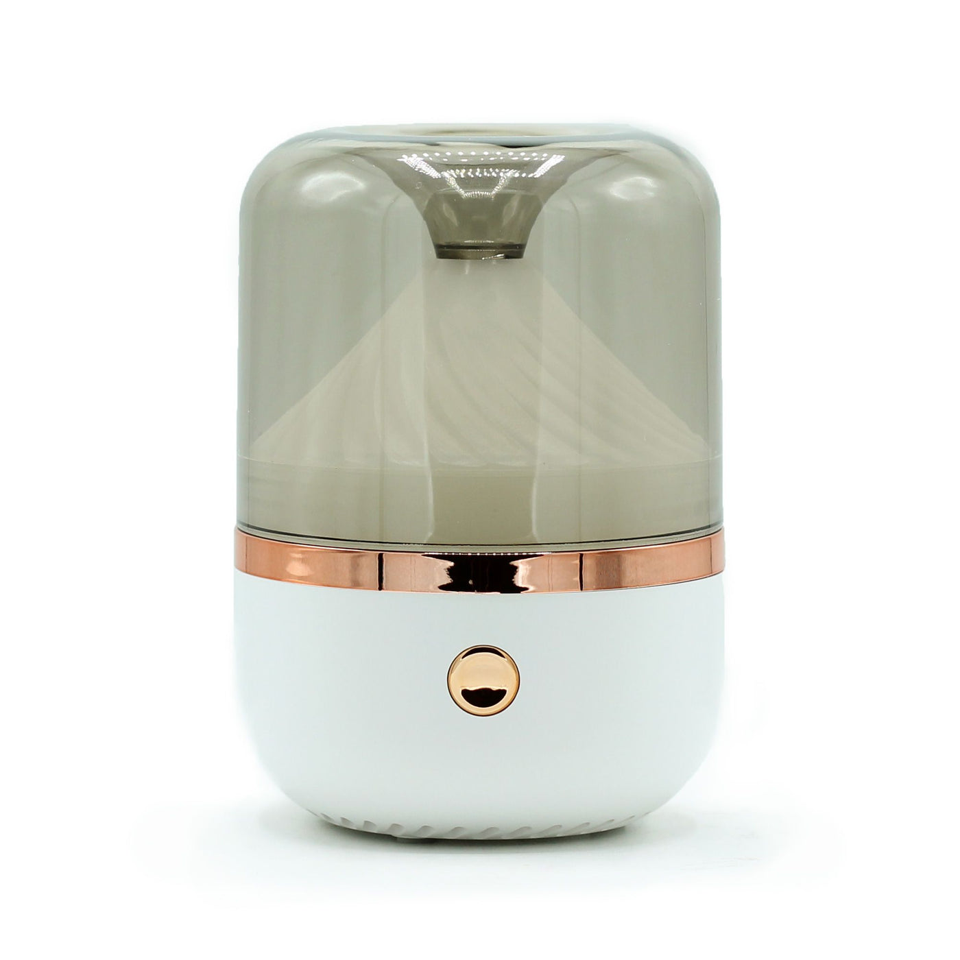 Elegant white & bronze urban aroma diffuser glowing with soft rainbow light, fine mist rising, USB-C cable