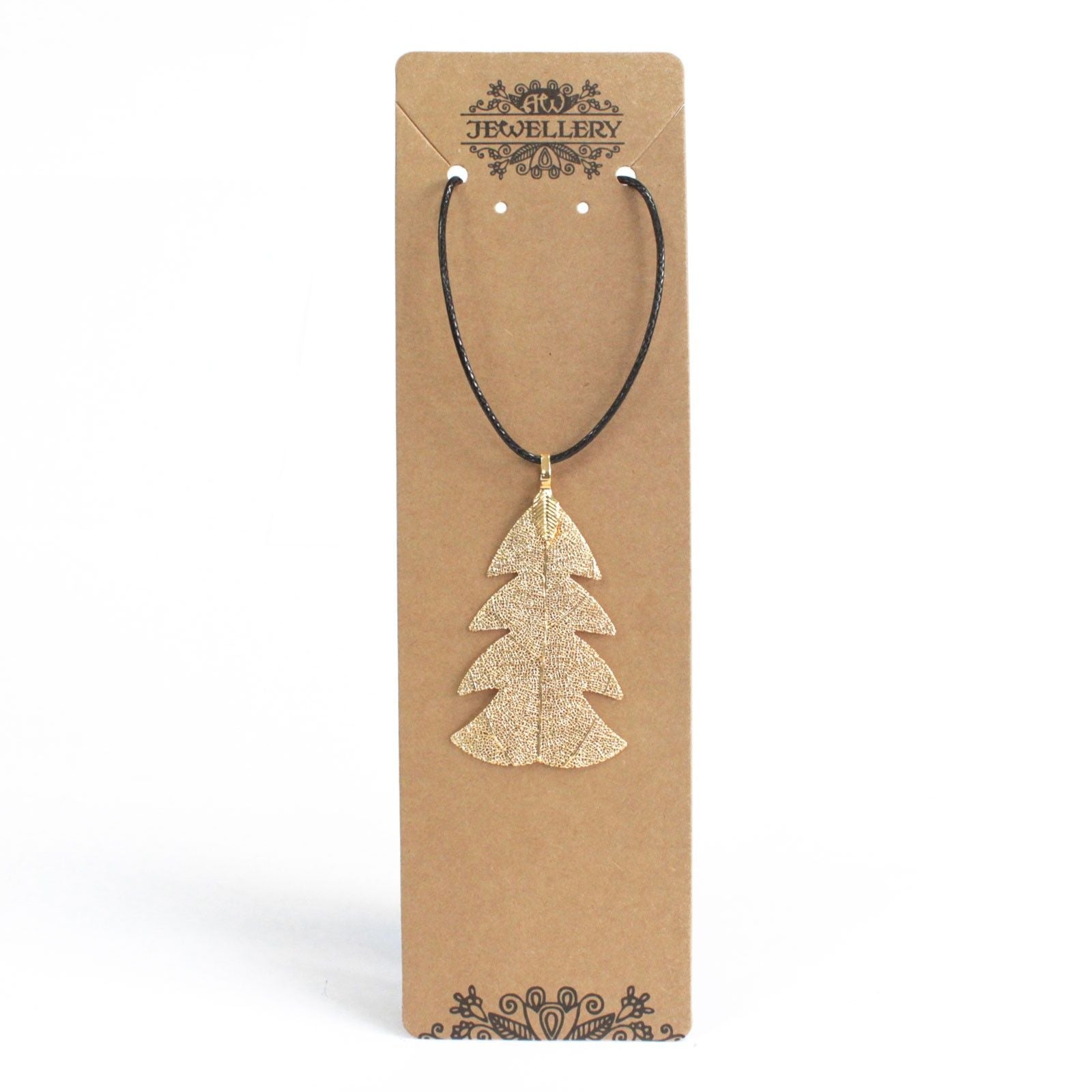 Gold electroplated real festive fir leaf necklace pendant on delicate chain, natural leaf veins visible