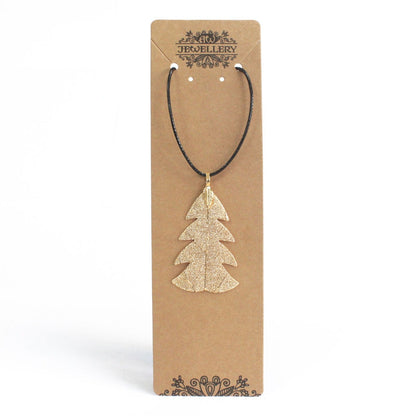 Gold electroplated real festive fir leaf necklace pendant on delicate chain, natural leaf veins visible
