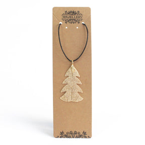 Gold electroplated real festive fir leaf necklace pendant on delicate chain, natural leaf veins visible
