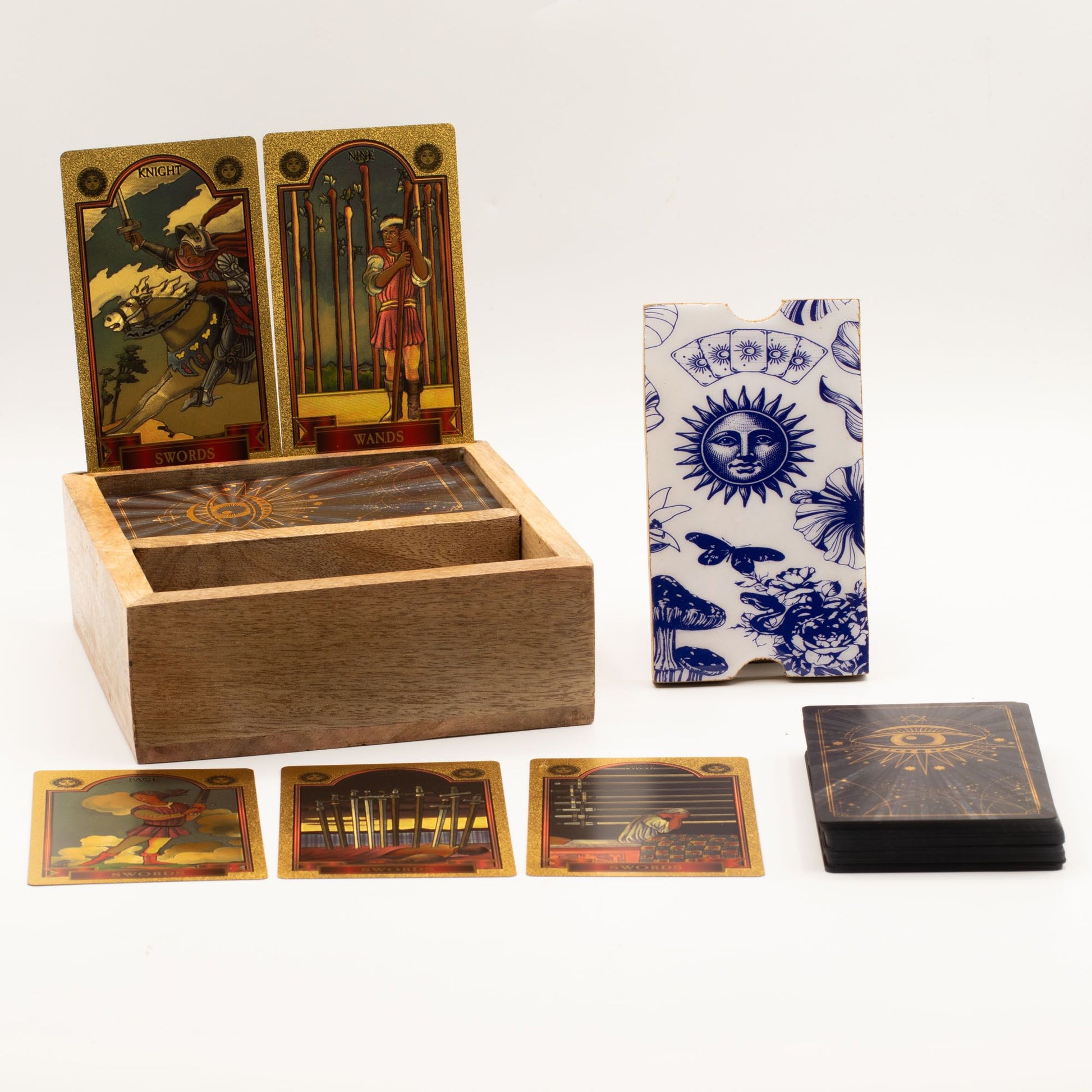 Two Section Tarot Box with Card Holder featuring ceramic triple moon symbol on lid, open to show storage compartments and upright card display slot