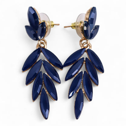 Royal blue vintage glass long drop earrings swaying gently