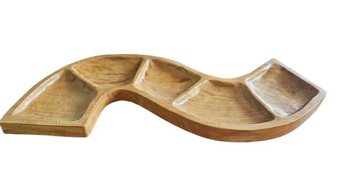 Snake Shaped Teak Bowl with fluid serpentine design and multiple compartments, rich natural grain visible