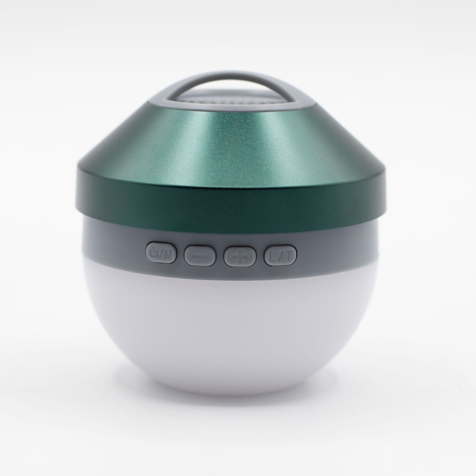 Close-up of green mini speaker showing integrated controls, 40mm speaker grille, LED light ring and hang loop detail