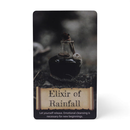 Card with an elixir bottle labeled 'Elixir of Rainfall' on a dark background