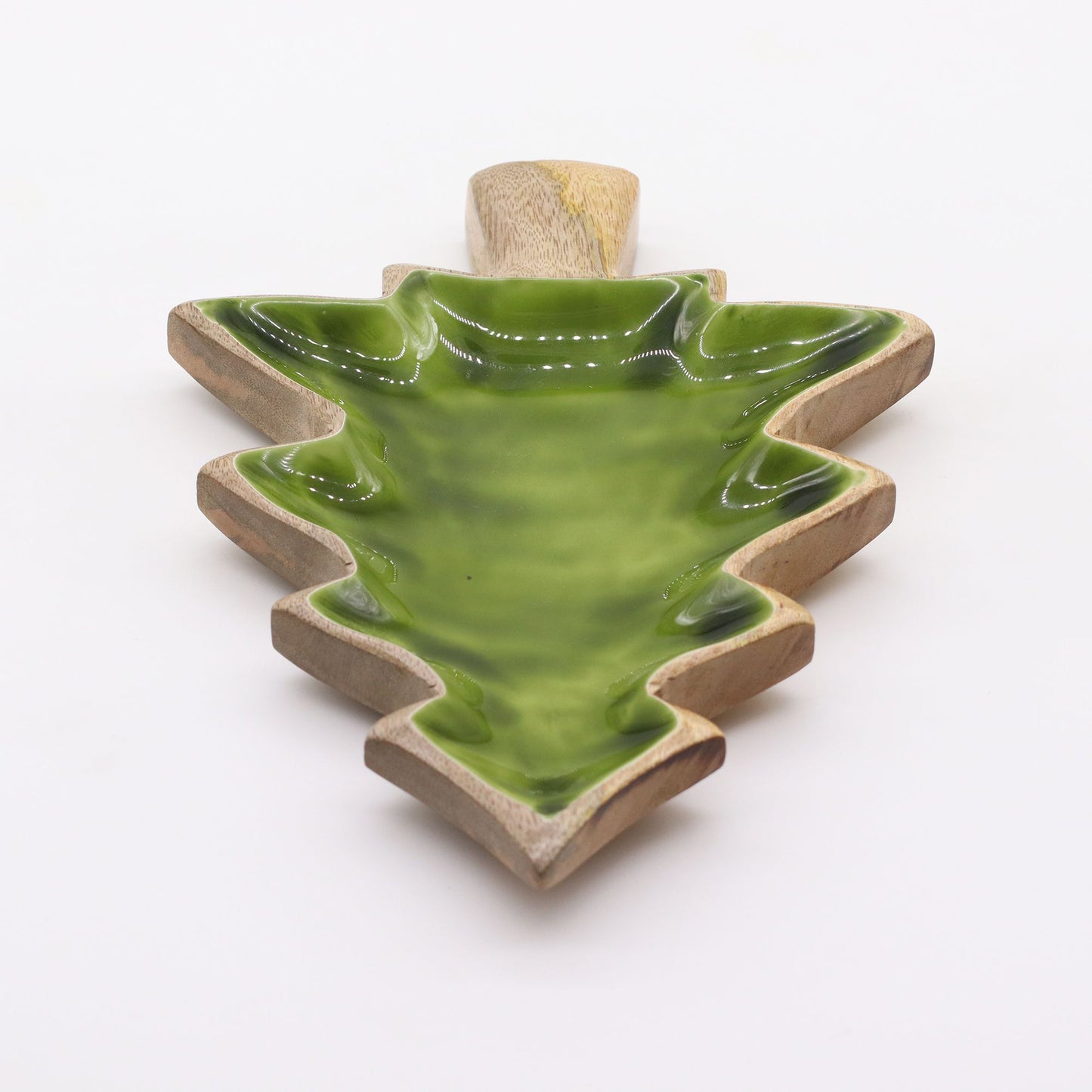 Tree-shaped mango wood bowl with rich green enamel interior