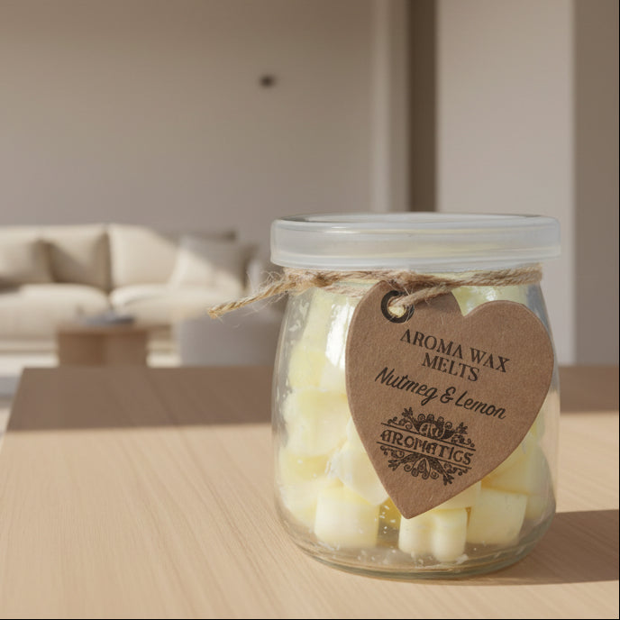 Jar of Aroma Wax Melts with a heart-shaped label on a wooden surface
