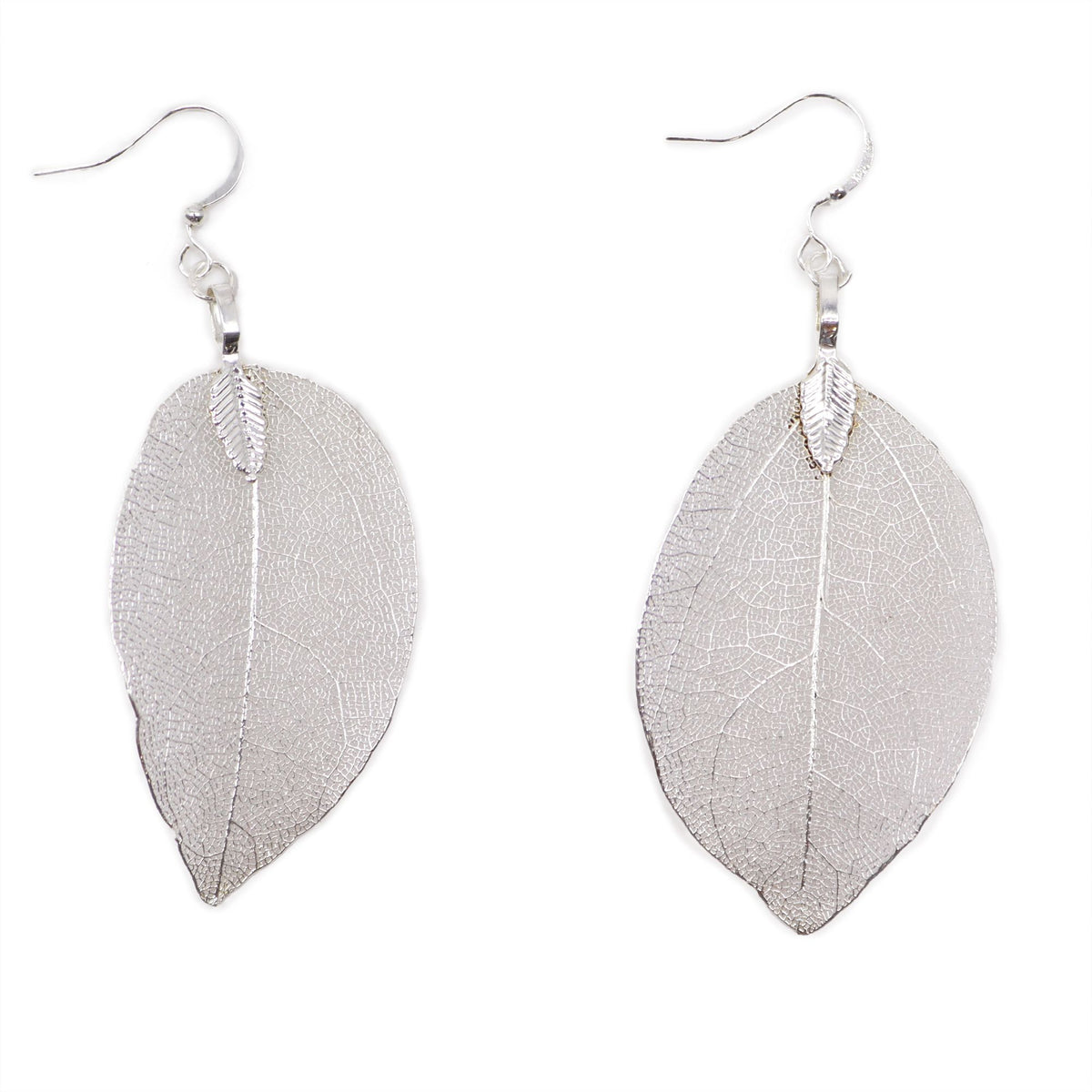Silver real-leaf bravery drop earrings with delicate veining detail