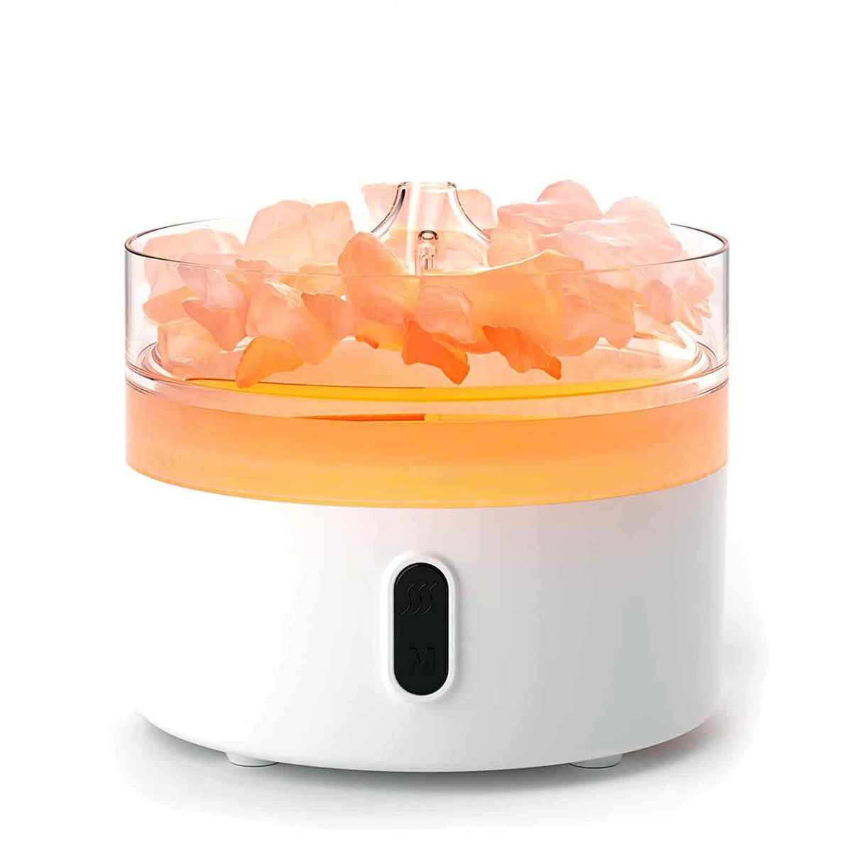 Himalayan salt flame diffuser glowing with realistic fire effect, pink salt crystals illuminated, soft mist rising, USB-C cable
