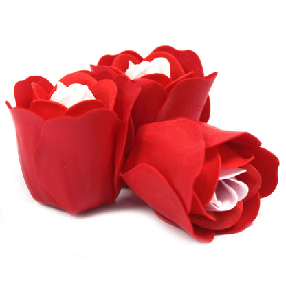 Set of 3 luxury red soap flowers, featuring realistic rose petals in soft pastel tones, beautifully arranged and ready for gifting or bath use