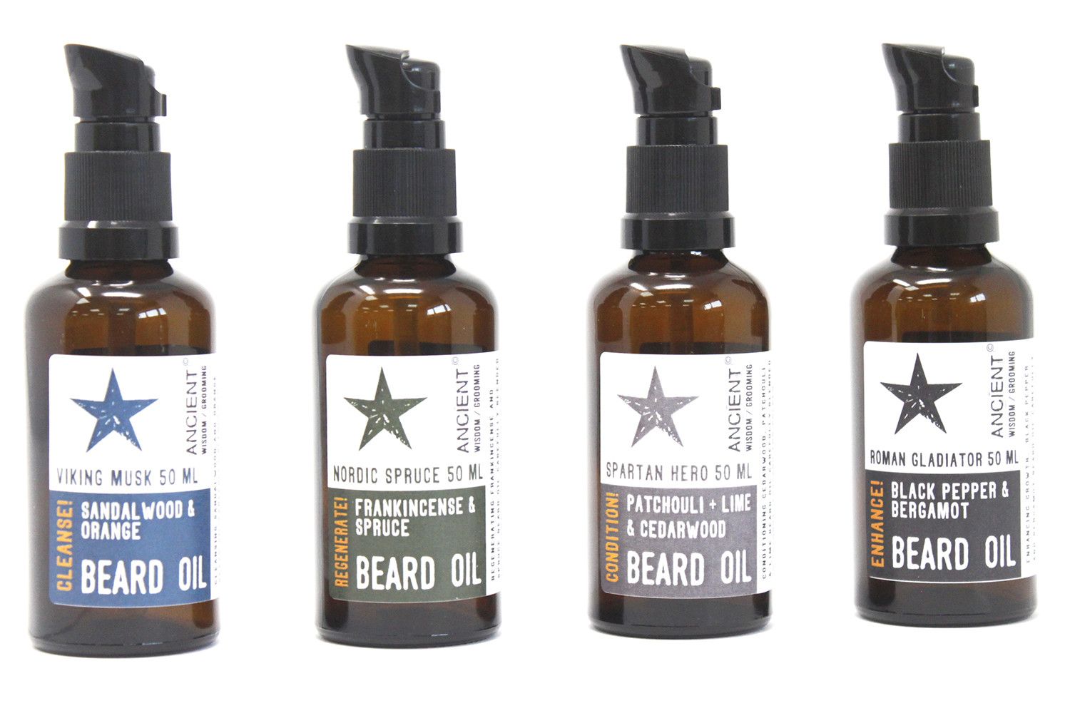 Four bottles of beard oil with labels on a white background