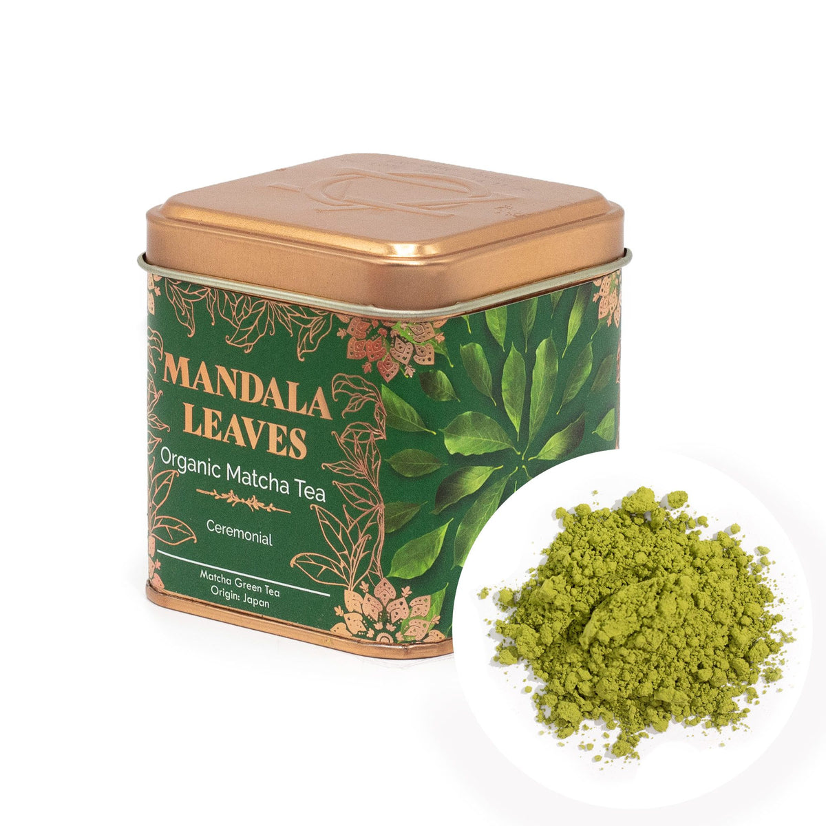 Mandala Leaves Organic Matcha Tea canister with matcha powder on a white background