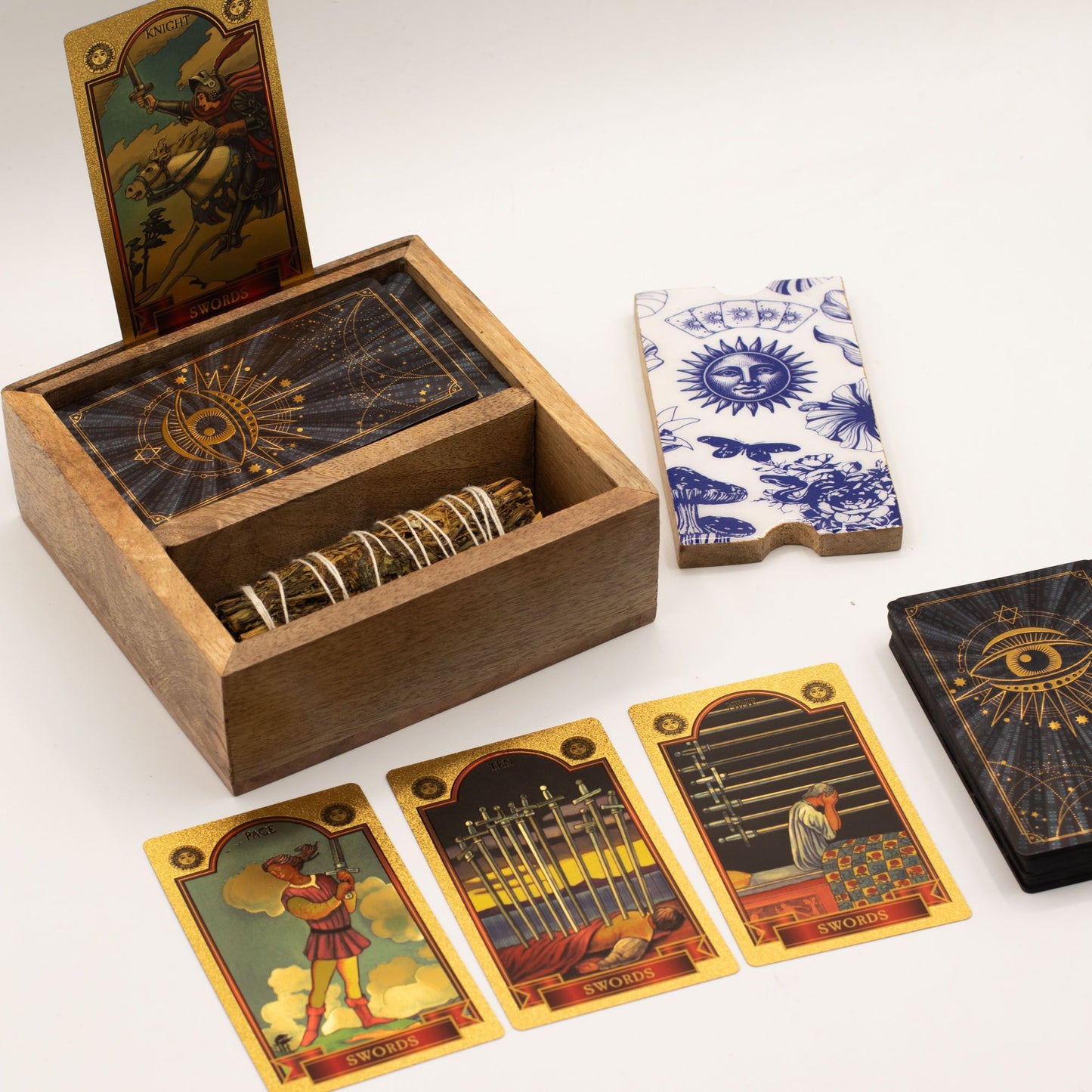 Two Section Tarot Box with Card Holder featuring ceramic triple moon symbol on lid, open to show storage compartments and upright card display slot