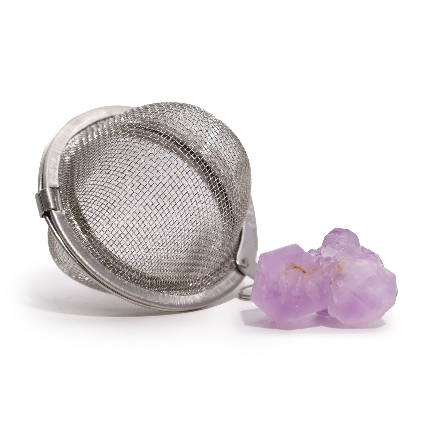 Raw amethyst cluster crystal tea strainer with stainless steel mesh basket