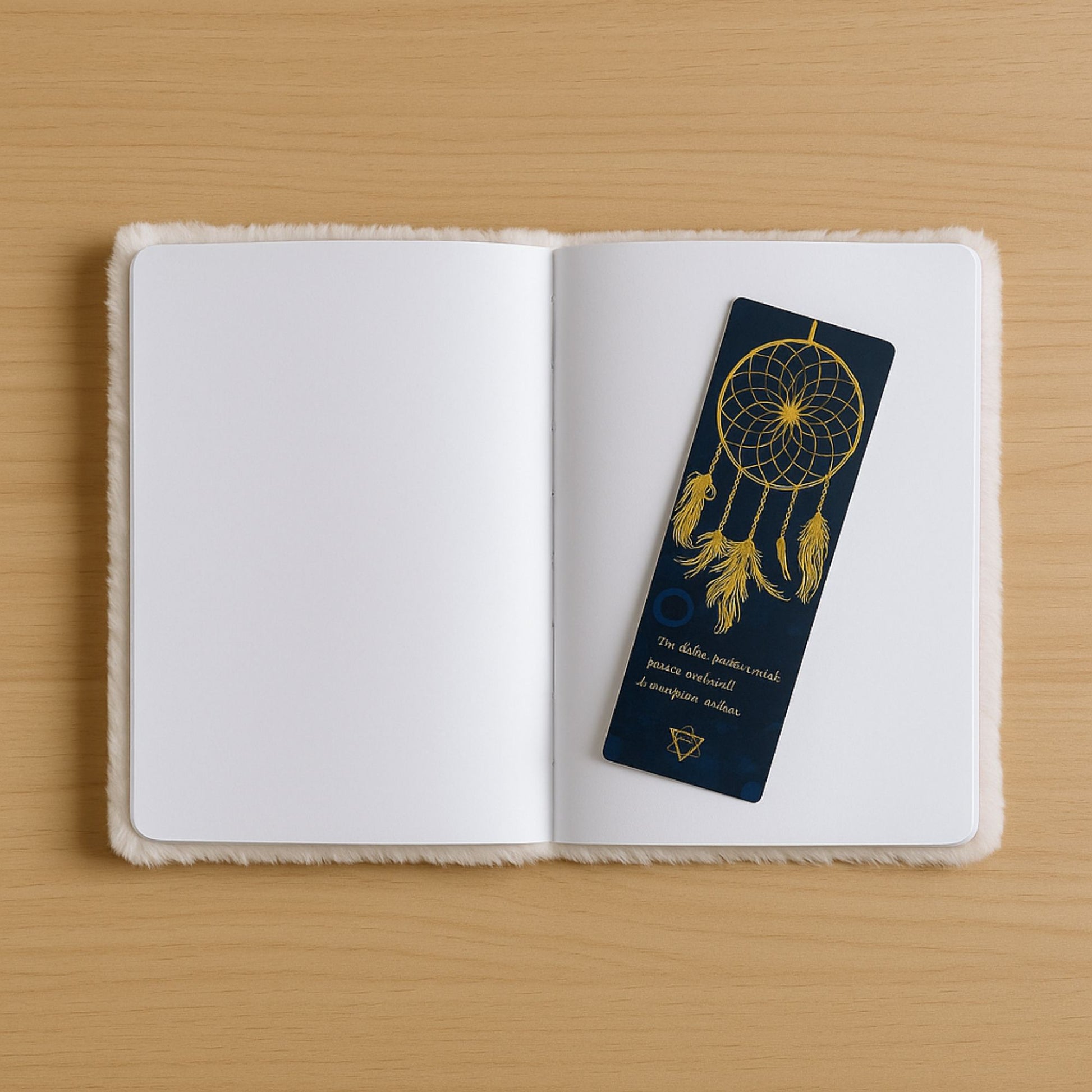 Pastel plush “Dream Decoder” journal with glowing silver all-seeing eye embroidery open notebook with a dreamcatcher bookmark on a wooden surface