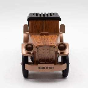 Wooden car speaker with copper accents and 'Music Apollo' branding