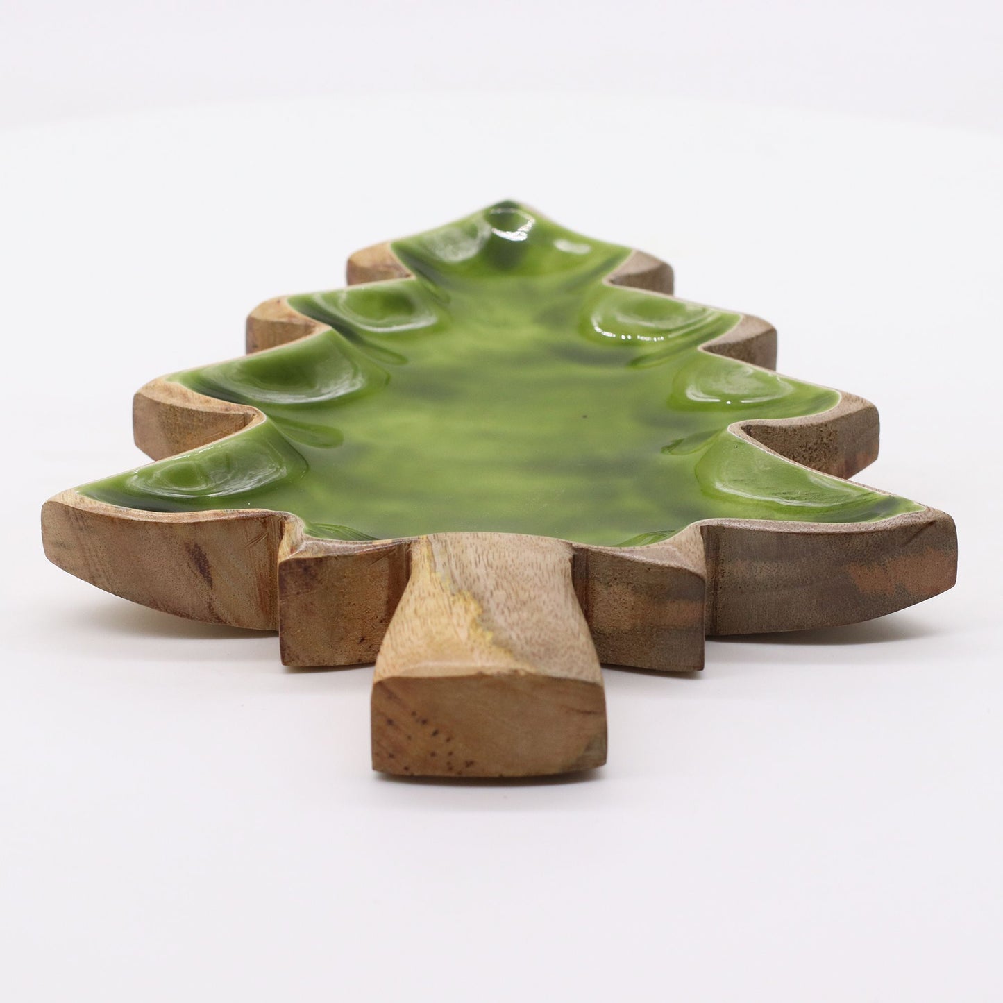 Tree-shaped mango wood bowl with rich green enamel interior