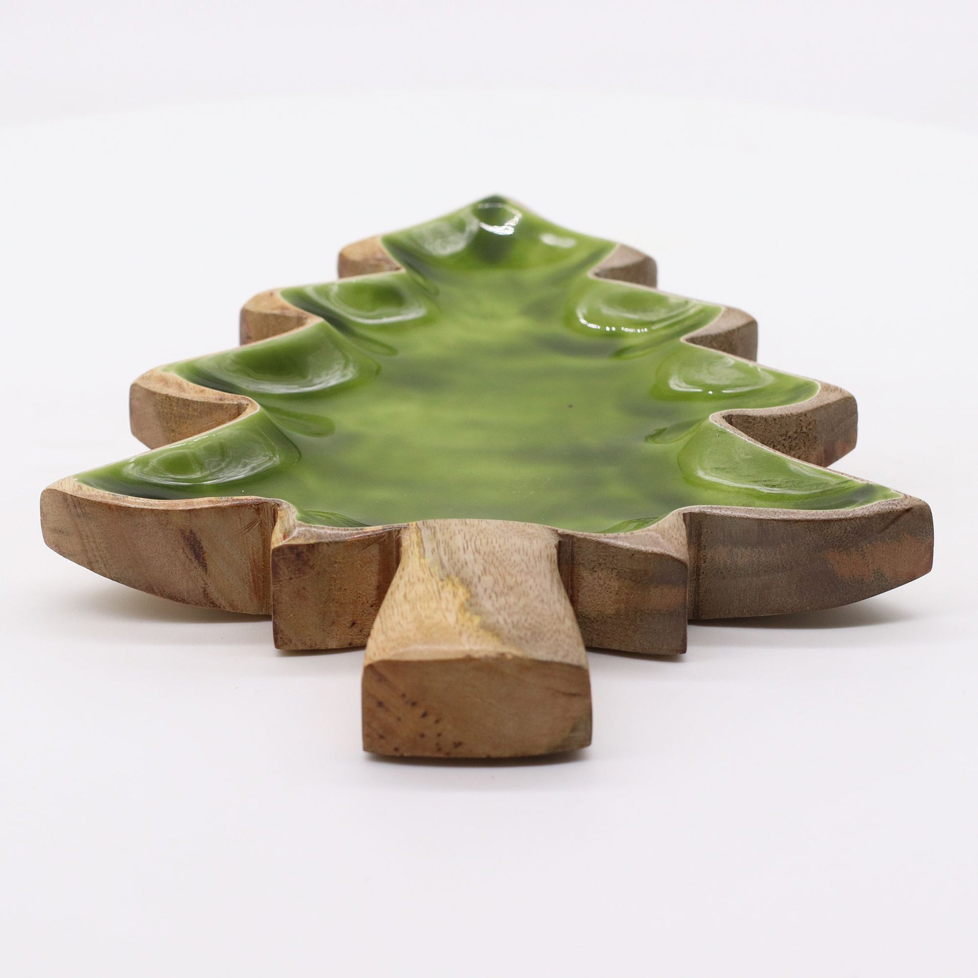 Tree-shaped mango wood bowl with rich green enamel interior