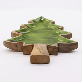 Tree-shaped mango wood bowl with rich green enamel interior