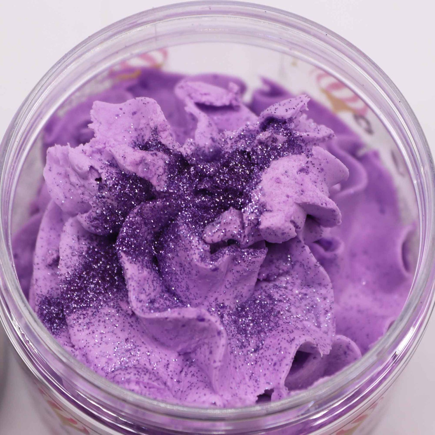 Frosted Sugar Plum Whipped Soap 120g jar topped with pink biodegradable glitter and sugar plum decoration