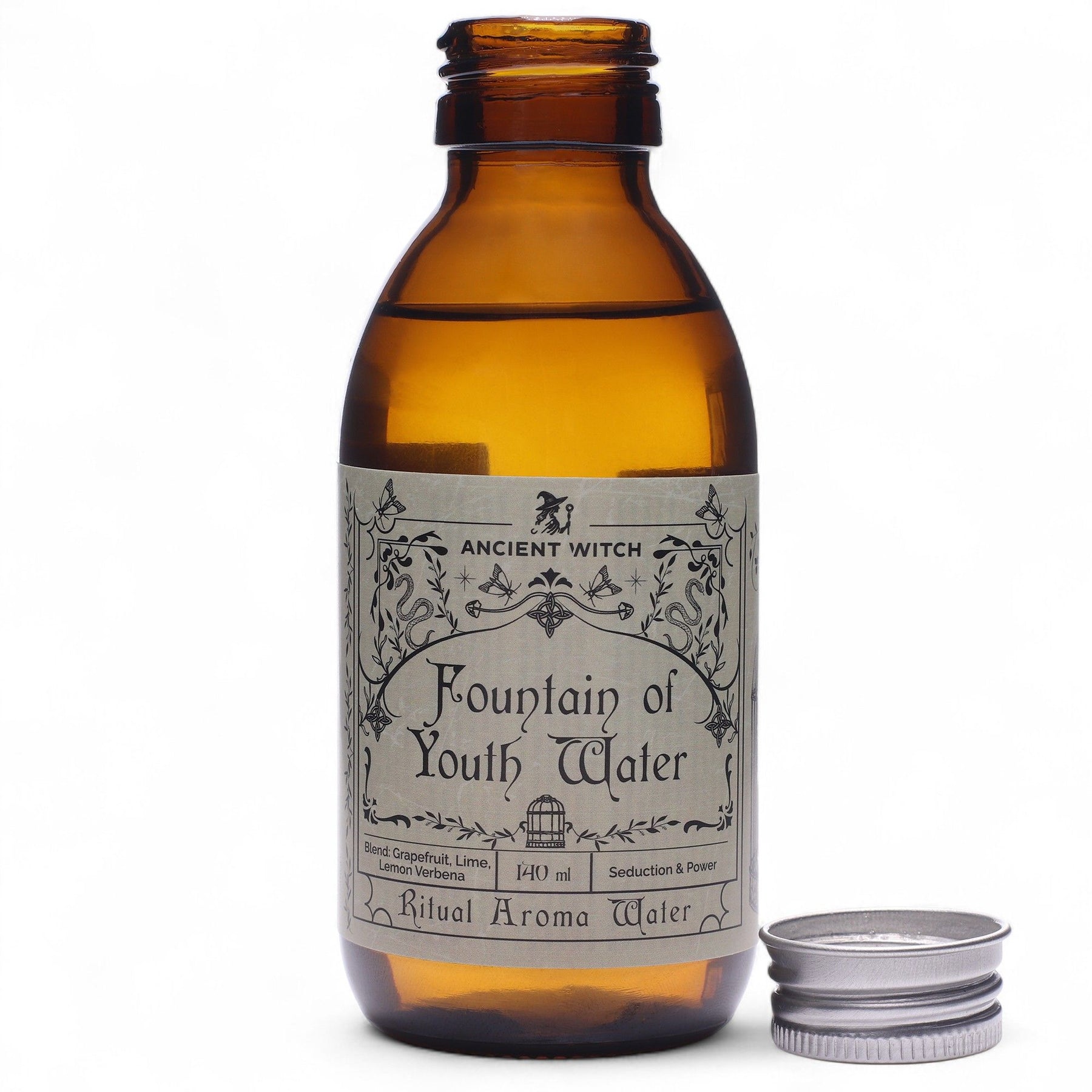 Brown bottle labeled 'Fountain of Youth Water' by Ancient Witch on a white background