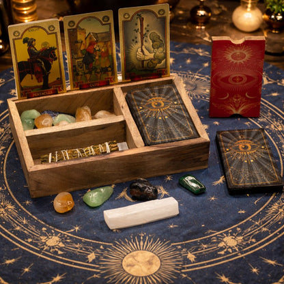 Three Section Tarot Box with Card Holder made from mango wood, open to show divided compartments and upright card display, styled on a dark altar with tarot cards, and crystals on a star-patterned cloth