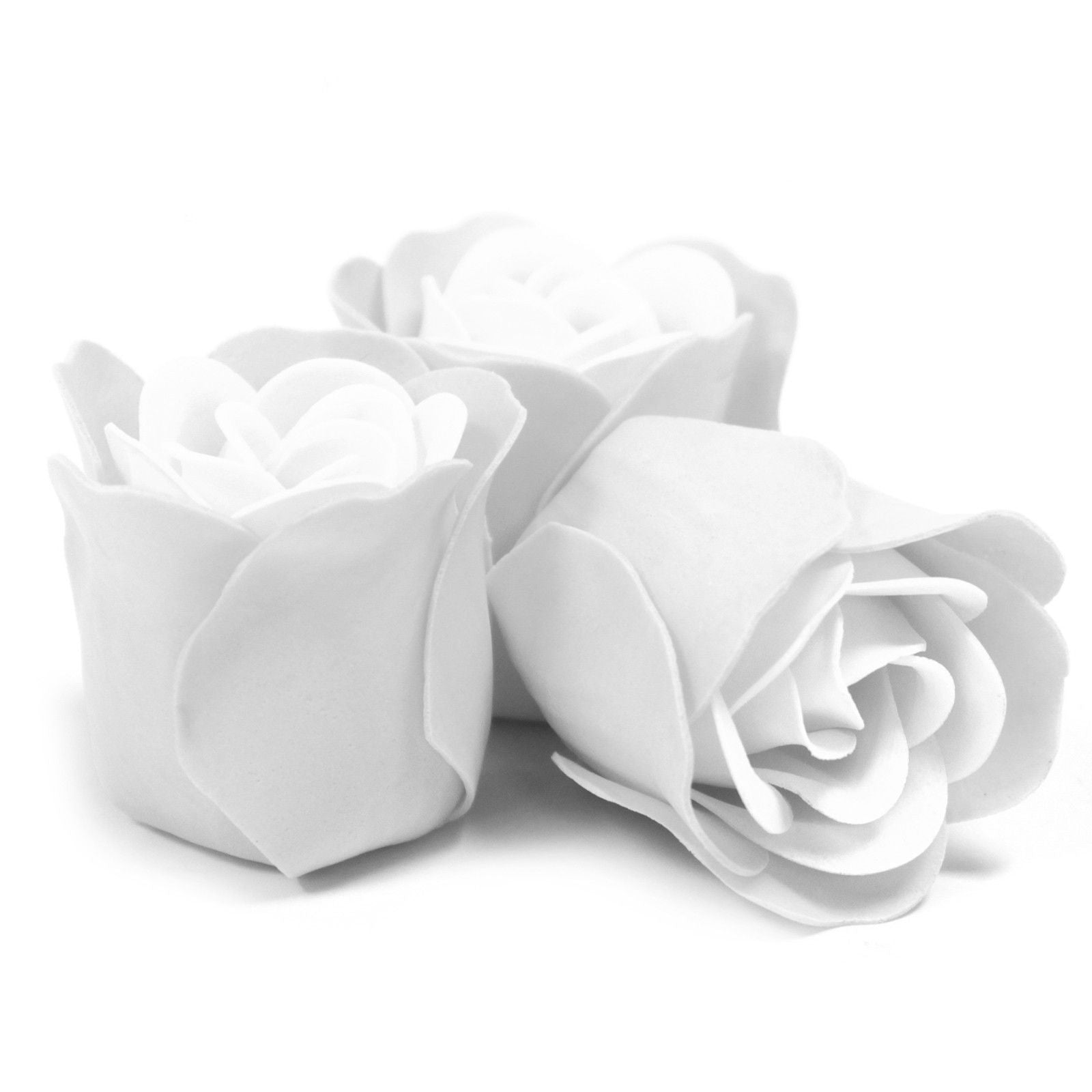 Set of 3 luxury white soap flowers, featuring realistic rose petals in soft pastel tones, beautifully arranged and ready for gifting or bath use