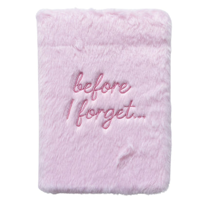 Fluffy pastel pink plush journal with silver “before I forget…” embroidery