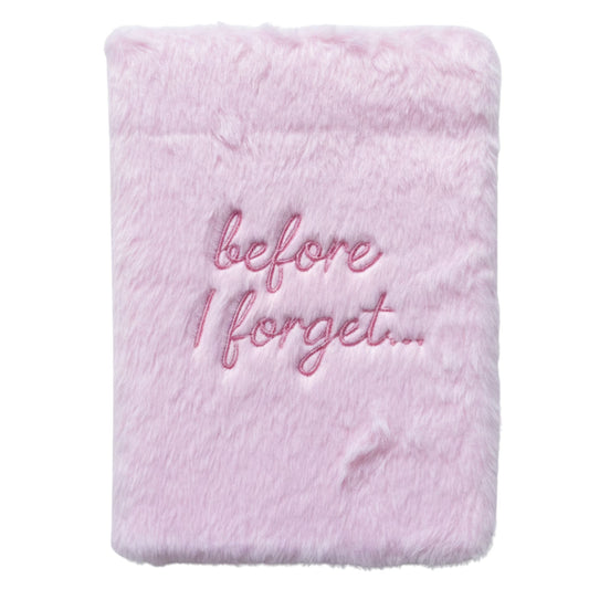 Fluffy pastel pink plush journal with silver “before I forget…” embroidery