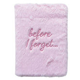 Fluffy pastel pink plush journal with silver “before I forget…” embroidery