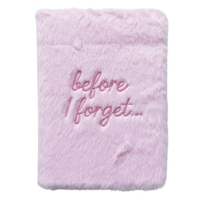 Fluffy pastel pink plush journal with silver “before I forget…” embroidery