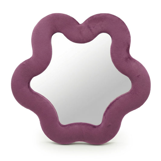 Soft squiggly star mirror in muted mauve velvet frame with gentle wavy edges